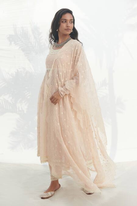 Buy_Mulmul_Beige 100% Pure Mulmul Embroidered Floral Raia Anarkali Pant Set _Online_at_Aza_Fashions