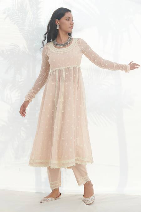 Shop_Mulmul_Beige 100% Pure Mulmul Embroidered Floral Raia Anarkali Pant Set _Online_at_Aza_Fashions