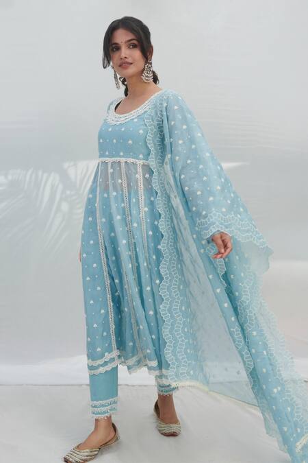Shop_Mulmul_Blue 100% Pure Mulmul Embroidered Floral Raia Anarkali With Pant _Online_at_Aza_Fashions