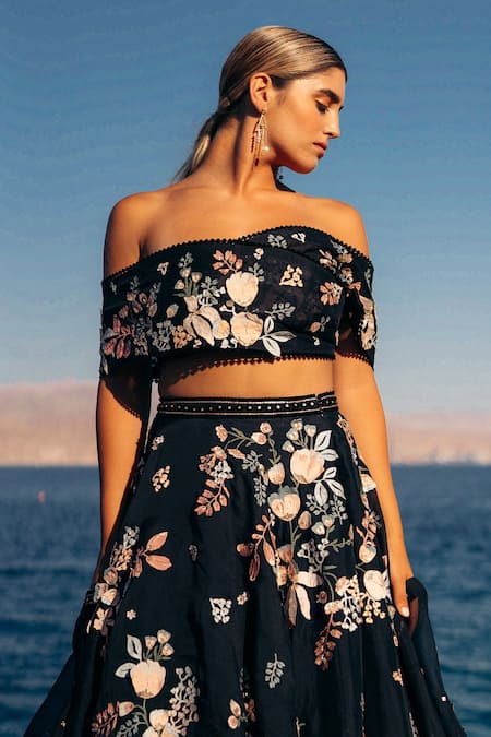 Sahil Kochhar_Black Organza Embroidery One Shoulder Raina Lehenga And Off Blouse Set _Online_at_Aza_Fashions