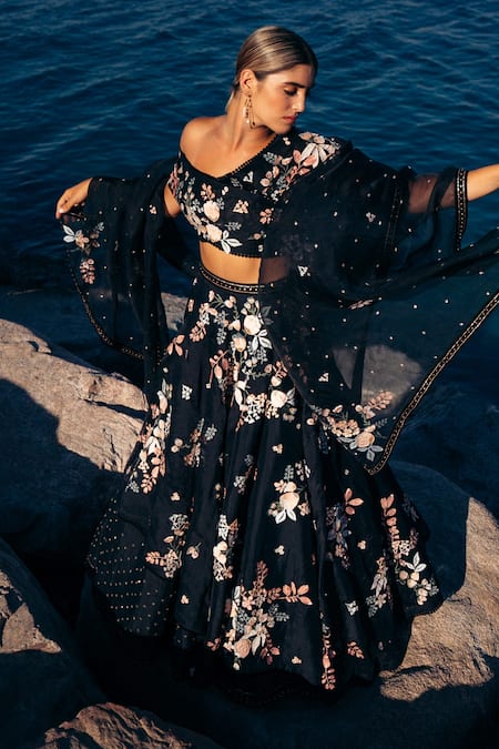 Sahil Kochhar_Black Organza Embroidery One Shoulder Raina Lehenga And Off Blouse Set _at_Aza_Fashions
