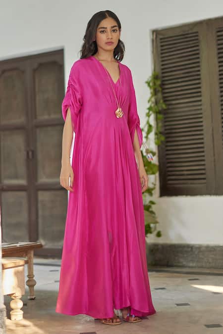 Buy_Betrue_Pink Silk V-neck Gathered Sleeve Dress _Online_at_Aza_Fashions