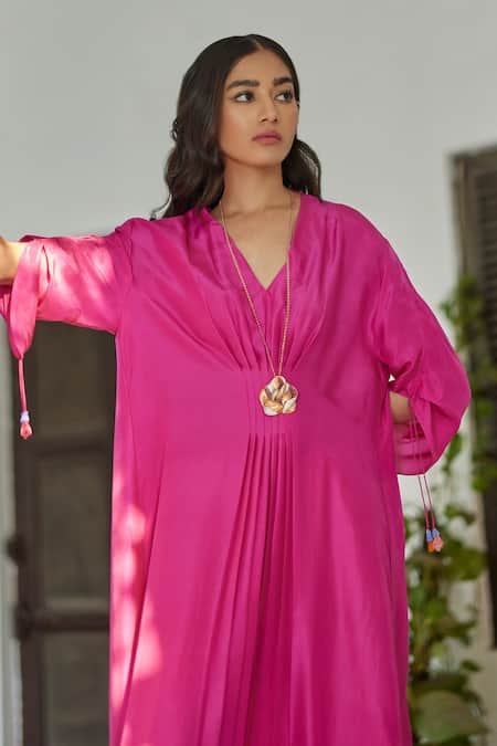 Shop_Betrue_Pink Silk V-neck Gathered Sleeve Dress _Online_at_Aza_Fashions