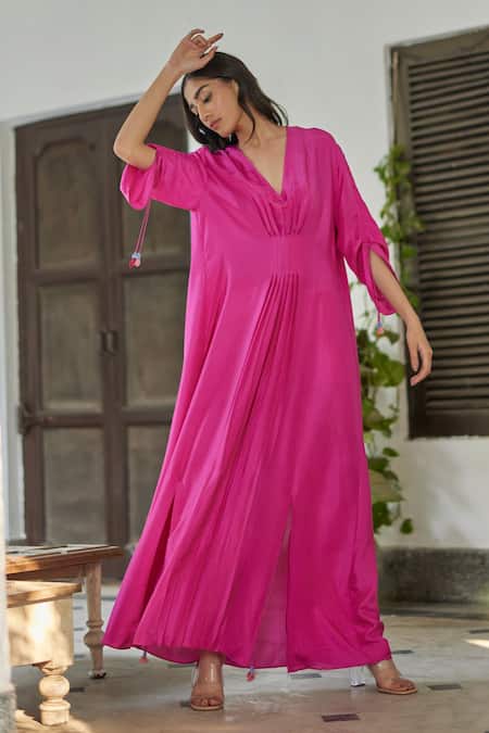 Betrue_Pink Silk V-neck Gathered Sleeve Dress _at_Aza_Fashions