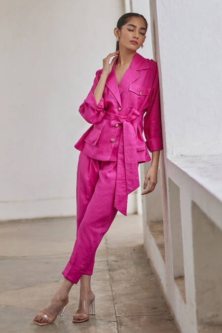 Betrue_Pink Linen Solid Blazer And Pant Set _Online_at_Aza_Fashions