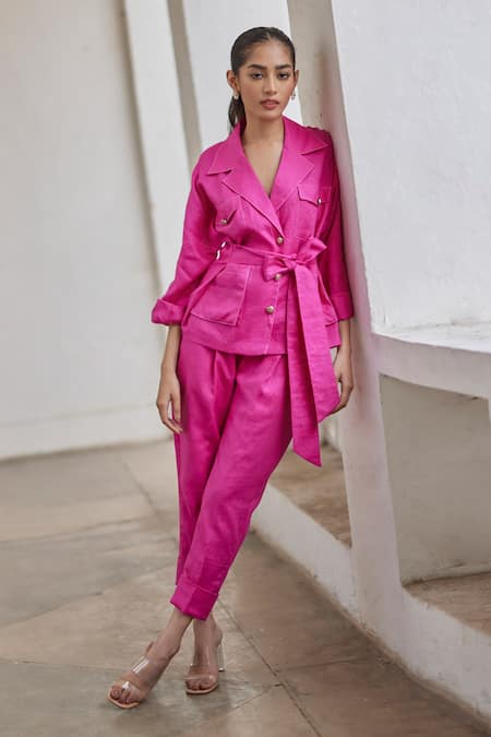 Buy_Betrue_Pink Linen Solid Blazer And Pant Set _Online_at_Aza_Fashions