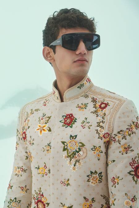 Sahil Kochhar_Cream Silk Embroidery Rashid Floral Sherwani Set _Online_at_Aza_Fashions