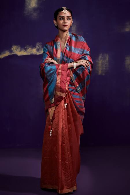 Dressfolk Orange Pure 100% Handloom Silk Stripes Two Toned Saree With Running Blouse Online at Aza Fashions Dressfolk_Orange Pure 100% Handloom Silk Stripes Two Toned Saree With Running Blouse_Online_at_Aza_Fashions