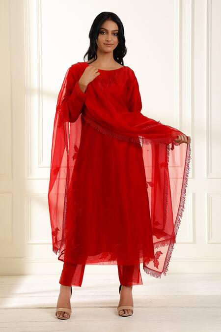 Omana By Ranjana Bothra Red Chanderi, Organza Applique, Embroidery, Tassels Boat Farah Kurta Pant Set at Aza Fashions Omana By Ranjana Bothra_Red Chanderi, Organza Applique, Embroidery, Tassels Boat Farah Kurta Pant Set _at_Aza_Fashions