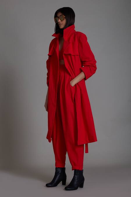 Buy_MATI_1_Red 100% Cotton Notched Milestone Travel Jacket And Pant Set _Online_at_Aza_Fashions