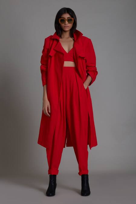 Shop_MATI_1_Red 100% Cotton Notched Milestone Travel Jacket And Pant Set _Online_at_Aza_Fashions