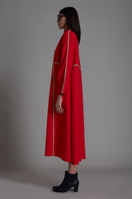 Shop_MATI_Red 100% Cotton High Neck Solid Piping Dress_Online_at_Aza_Fashions