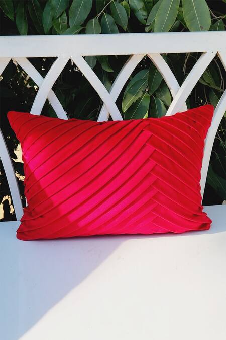 Throwpillow_Red Blend Of Cotton And Polyester Pleated Cushion Pillow Cover_at_Aza_Fashions