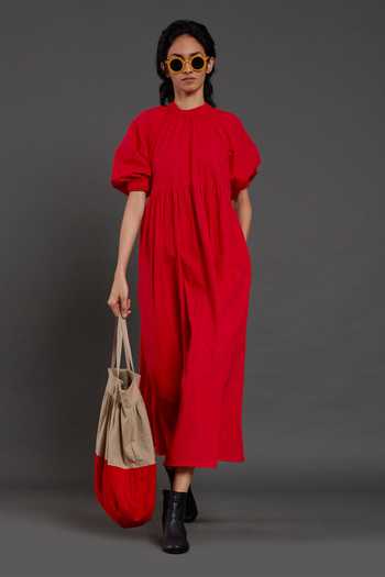 MATI_Red Cotton Round Neck Raglan Balloon Sleeve Dress _Online_at_Aza_Fashions