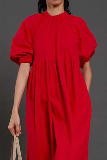 Buy_MATI_Red Cotton Round Neck Raglan Balloon Sleeve Dress _Online_at_Aza_Fashions