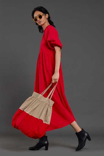 Shop_MATI_Red Cotton Round Neck Raglan Balloon Sleeve Dress _Online_at_Aza_Fashions