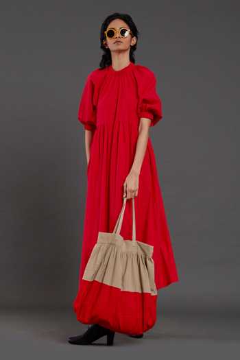 MATI_Red Cotton Round Neck Raglan Balloon Sleeve Dress _at_Aza_Fashions