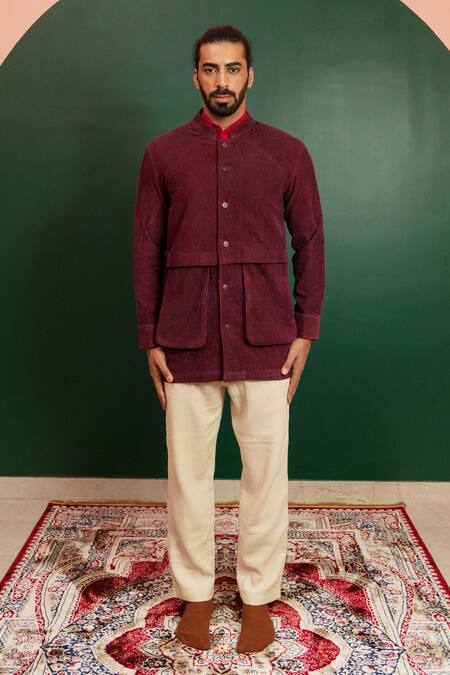 Artless_Maroon Organic Corduroy Red Room Full Sleeved Jacket_at_Aza_Fashions