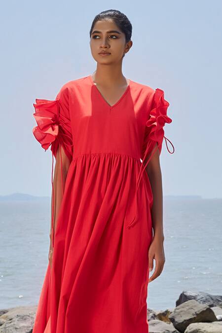 Buy_MATI_Red Cotton V-neck Gathered Ruffle Sleeve Dress_Online_at_Aza_Fashions