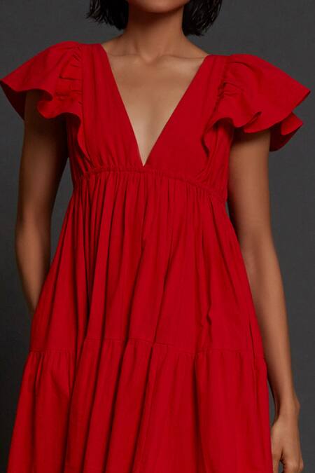 MATI_Red 100% Cotton Plunge V Neck Solid Gown_Online_at_Aza_Fashions