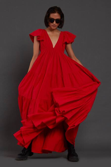 Buy_MATI_Red 100% Cotton Plunge V Neck Solid Gown_Online_at_Aza_Fashions