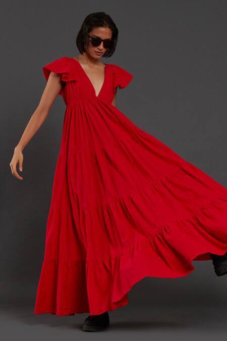Shop_MATI_Red 100% Cotton Plunge V Neck Solid Gown_Online_at_Aza_Fashions