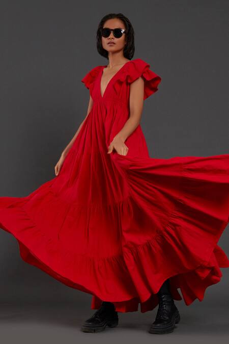 MATI_Red 100% Cotton Plunge V Neck Solid Gown_at_Aza_Fashions