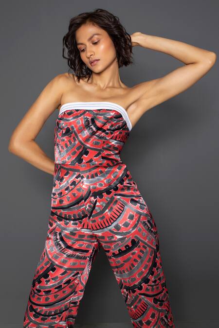 Redefine Peach Mashru Silk Straight Arch Print Tube Jumpsuit Online at Aza Fashions Redefine_Peach Mashru Silk Straight Arch Print Tube Jumpsuit_Online_at_Aza_Fashions