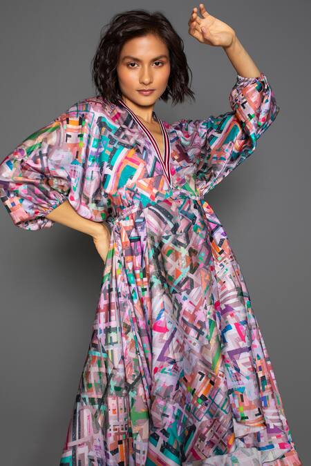 Redefine_Pink Cotton Silk Abstract V Neck Pattern Print Kimono Dress_Online_at_Aza_Fashions