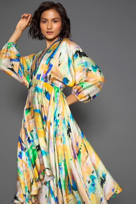 Redefine_Yellow Cotton Silk Printed Abstract V Neck Canvas Kimono Dress _Online_at_Aza_Fashions