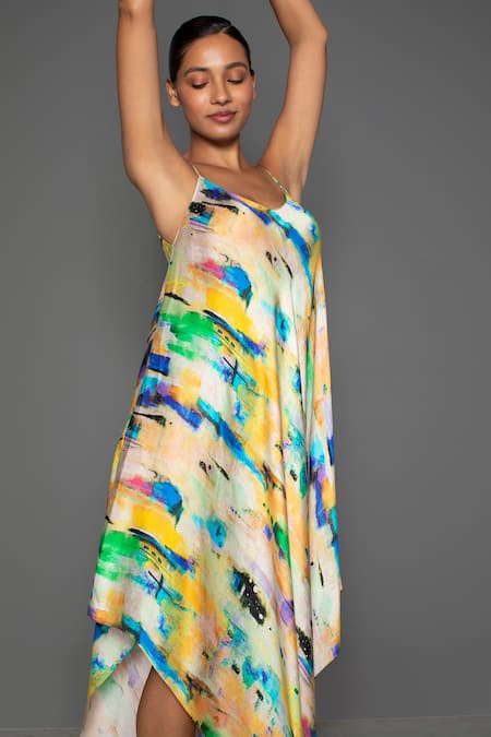 Redefine_Yellow Cotton Silk Canvas V Neck Print Scarf Dress_Online_at_Aza_Fashions