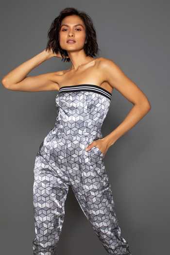 Redefine_Grey Mashru Silk Moira Straight Print Tube Jogger Jumpsuit_Online_at_Aza_Fashions