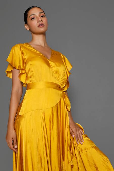 Redefine_Yellow Cotton Silk V Neck Midas Wrap Dress_Online_at_Aza_Fashions