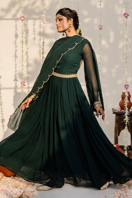 Redpine Designs_Green Viscose Georgette Cutdana, Sequins, Embroidered Anarkali With Dupatta _Online_at_Aza_Fashions