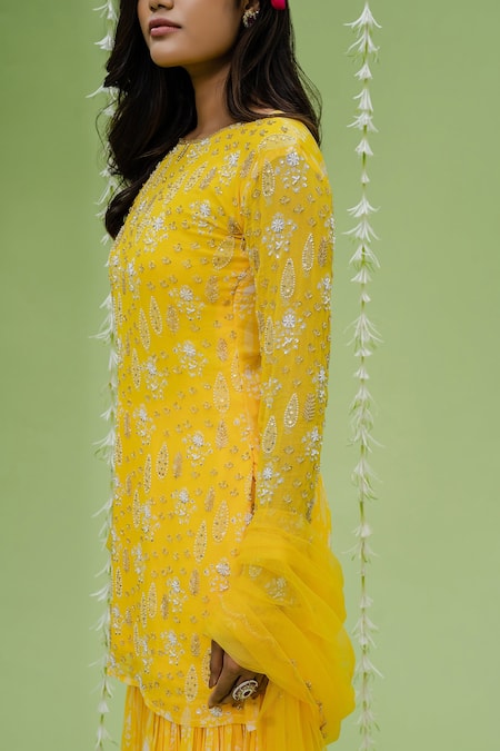 Redpine Designs_Yellow Viscose Georgette, Dupatta  Net Cutdana, Floral, Print Kurta Sharara Set _Online_at_Aza_Fashions