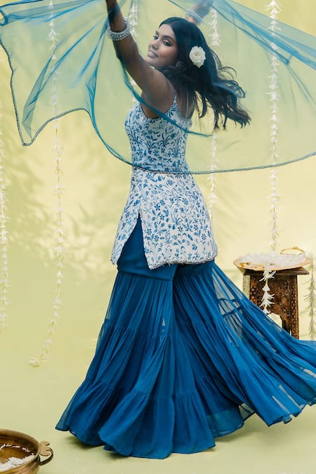 Buy_Redpine Designs_Blue Dupatta  Net, Kurta  Viscose , Sharara  Print Set _Online_at_Aza_Fashions