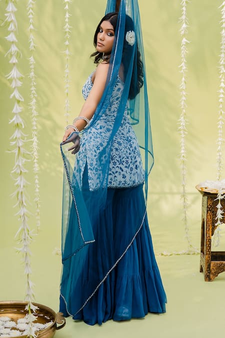 Shop_Redpine Designs_Blue Dupatta  Net, Kurta  Viscose , Sharara  Print Set _Online_at_Aza_Fashions