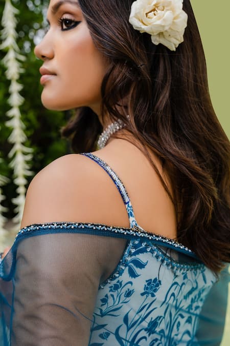 Redpine Designs_Blue Dupatta  Net, Kurta  Viscose , Sharara  Print Set _at_Aza_Fashions