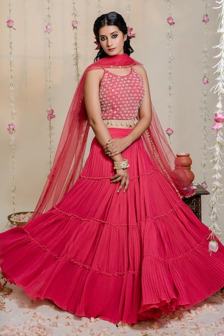 Buy Redpine Designs Fuchsia Georgette, Dupatta Net Cutdana, Kasab, Mirror, Pleated Lehenga Set Online at Aza Fashions Buy_Redpine Designs_Fuchsia Georgette, Dupatta Net Cutdana, Kasab, Mirror, Pleated Lehenga Set _Online_at_Aza_Fashions