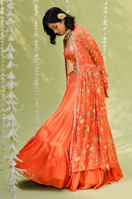Redpine Designs_Orange Viscose Georgette Cutdana, Floral, Sequins, Print Jacket Lehenga Set _Online_at_Aza_Fashions