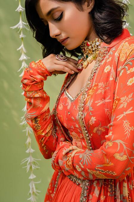 Buy_Redpine Designs_Orange Viscose Georgette Cutdana, Floral, Sequins, Print Jacket Lehenga Set _Online_at_Aza_Fashions