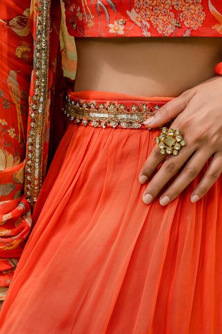 Shop_Redpine Designs_Orange Viscose Georgette Cutdana, Floral, Sequins, Print Jacket Lehenga Set _Online_at_Aza_Fashions