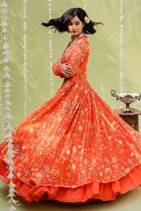 Redpine Designs_Orange Viscose Georgette Cutdana, Floral, Sequins, Print Jacket Lehenga Set _at_Aza_Fashions