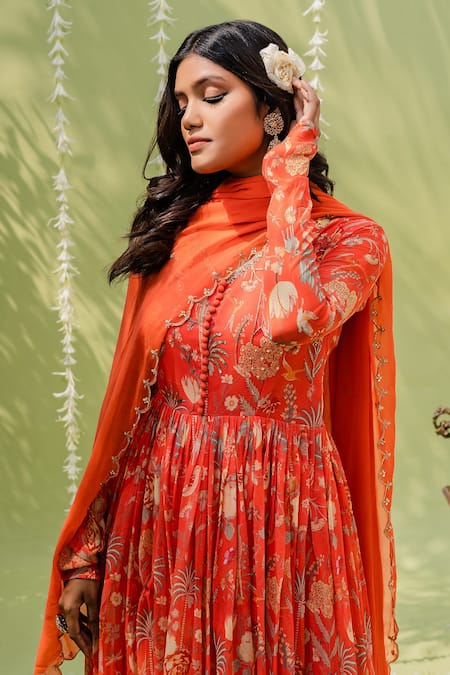 Redpine Designs_Orange Viscose Georgette Cutdana, Floral, Hand Embroidered Anarkali With Dupatta _Online_at_Aza_Fashions
