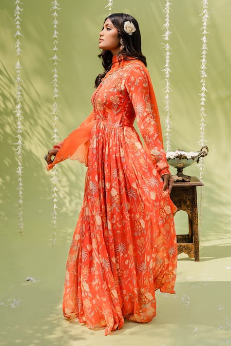 Buy_Redpine Designs_Orange Viscose Georgette Cutdana, Floral, Hand Embroidered Anarkali With Dupatta _Online_at_Aza_Fashions