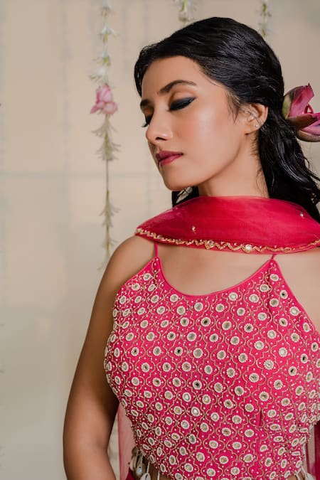Shop Redpine Designs Fuchsia Georgette, Dupatta Net Cutdana, Kasab, Mirror, Pleated Lehenga Set Online at Aza Fashions Shop_Redpine Designs_Fuchsia Georgette, Dupatta Net Cutdana, Kasab, Mirror, Pleated Lehenga Set _Online_at_Aza_Fashions