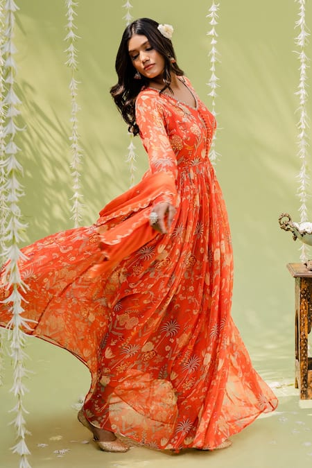 Redpine Designs_Orange Viscose Georgette Cutdana, Floral, Hand Embroidered Anarkali With Dupatta _at_Aza_Fashions