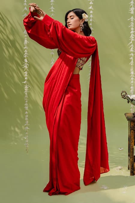 Redpine Designs_Red Crepe Georgette Sequins, Salli V Neck Pre-draped Saree With Blouse _Online_at_Aza_Fashions