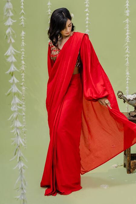 Buy_Redpine Designs_Red Crepe Georgette Sequins, Salli V Neck Pre-draped Saree With Blouse _Online_at_Aza_Fashions