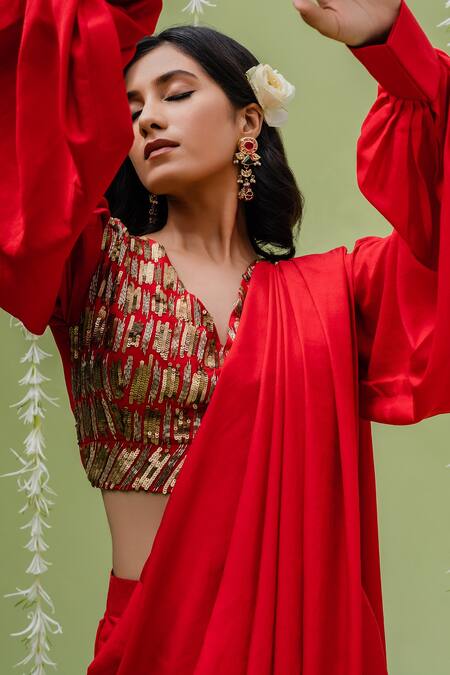 Shop_Redpine Designs_Red Crepe Georgette Sequins, Salli V Neck Pre-draped Saree With Blouse _Online_at_Aza_Fashions